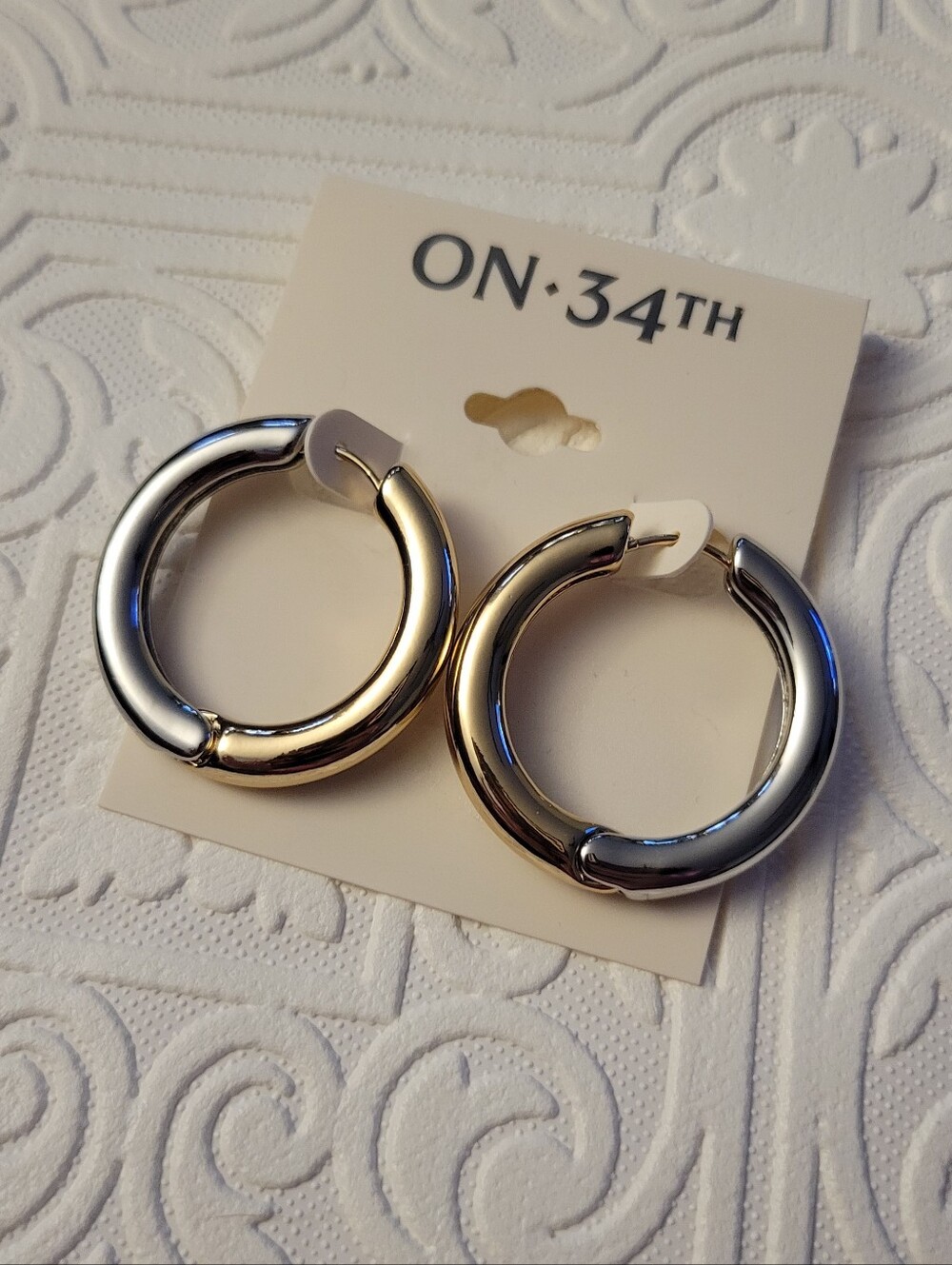 NWT ON 34th Earrings Hoops Two Tone Silver & Gold Wide Thick Huggie Classic